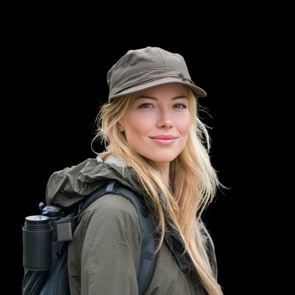 A smiling female birder with binoculars