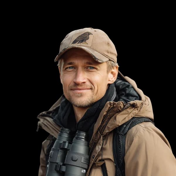 A male birder with a beanie and binoculars